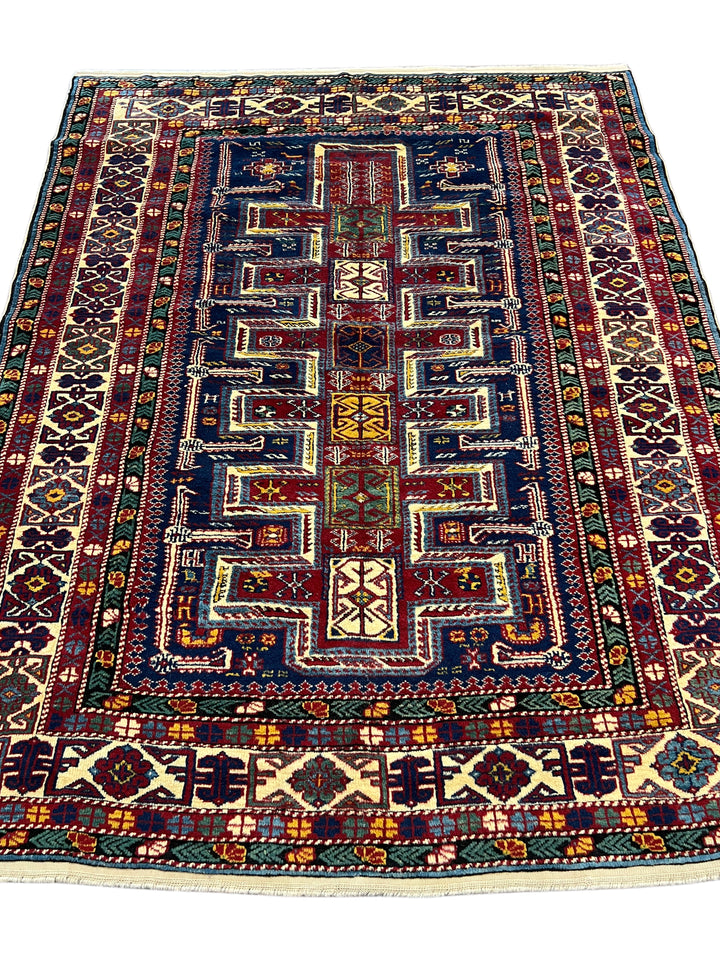 Navy, Red &amp; Ivory Vintage Armenian Kazak Rug – Circa 1940 – 5’7” x 6’5”