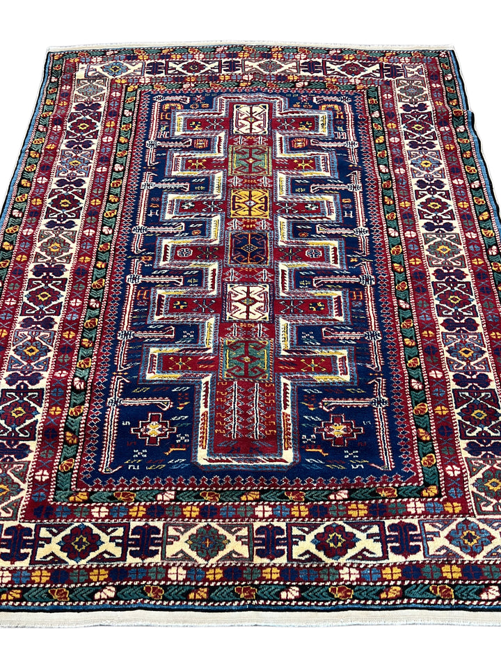 Navy, Red &amp; Ivory Vintage Armenian Kazak Rug – Circa 1940 – 5’7” x 6’5”