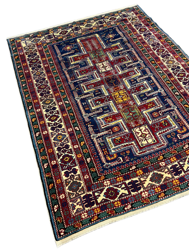 Navy, Red &amp; Ivory Vintage Armenian Kazak Rug – Circa 1940 – 5’7” x 6’5”