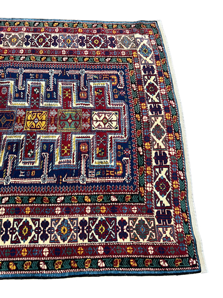 Navy, Red &amp; Ivory Vintage Armenian Kazak Rug – Circa 1940 – 5’7” x 6’5”