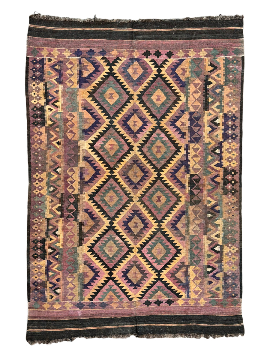 Dusty Rose, Sage & Black Vintage Kilim Flat-weave Rug – Circa 1980 – 5’9” x 8’7”