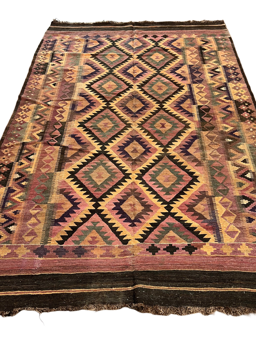 Dusty Rose, Sage &amp; Black Vintage Kilim Flat-weave Rug – Circa 1980 – 5’9” x 8’7”