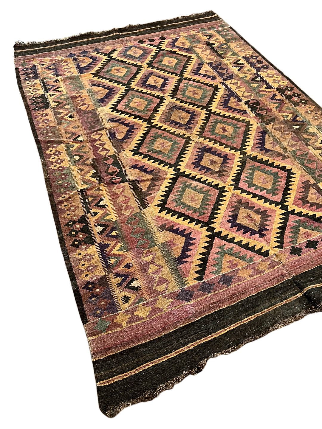 Dusty Rose, Sage &amp; Black Vintage Kilim Flat-weave Rug – Circa 1980 – 5’9” x 8’7”
