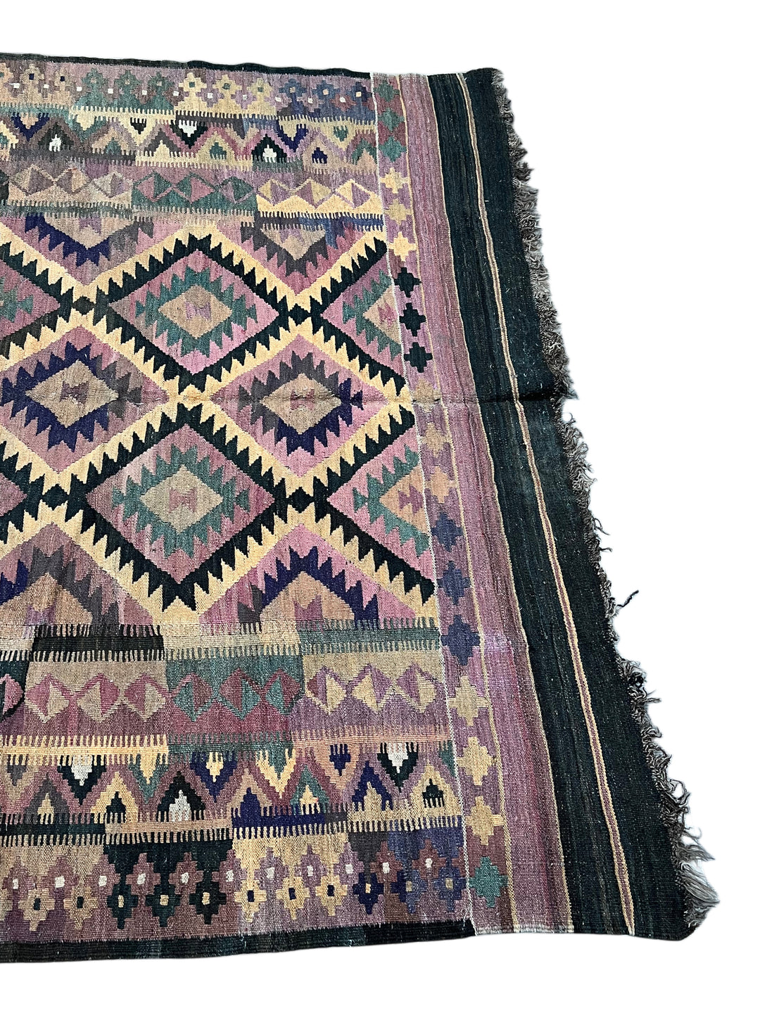 Dusty Rose, Sage &amp; Black Vintage Kilim Flat-weave Rug – Circa 1980 – 5’9” x 8’7”