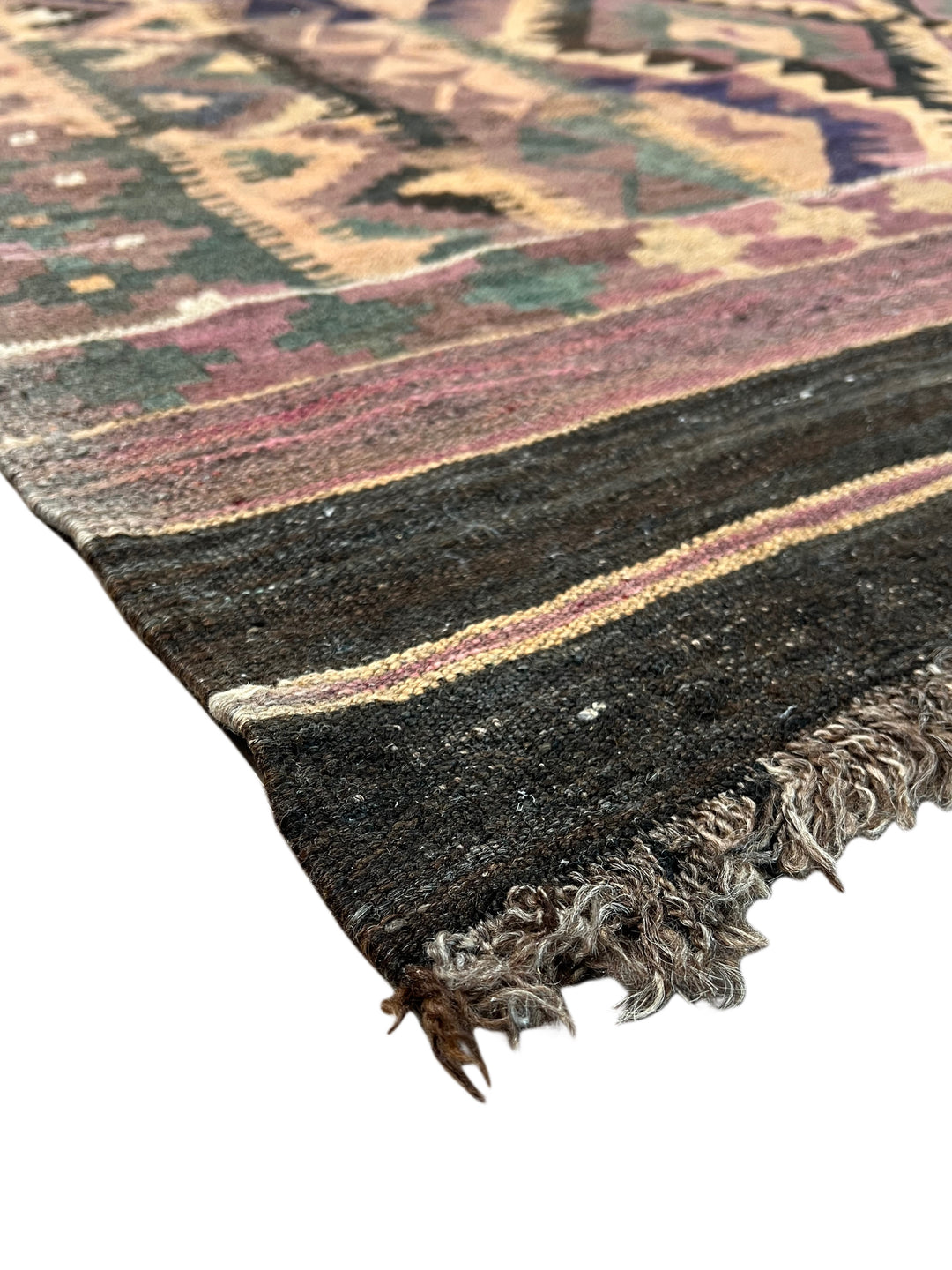 Dusty Rose, Sage &amp; Black Vintage Kilim Flat-weave Rug – Circa 1980 – 5’9” x 8’7”