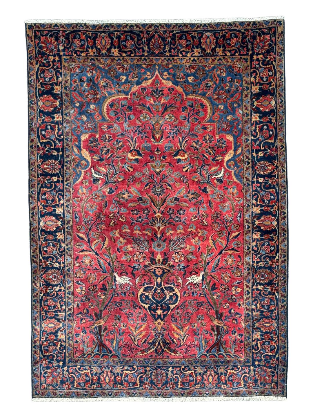 Red &amp; Navy Vintage Manchester Kashan Floral Rug – Circa 1940 – 4’3” x 5’3”