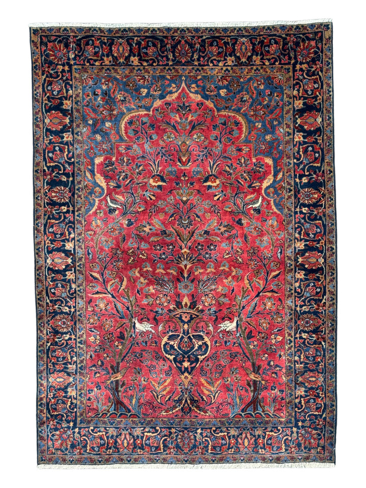 Red &amp; Navy Vintage Manchester Kashan Floral Rug – Circa 1940 – 4’3” x 5’3”