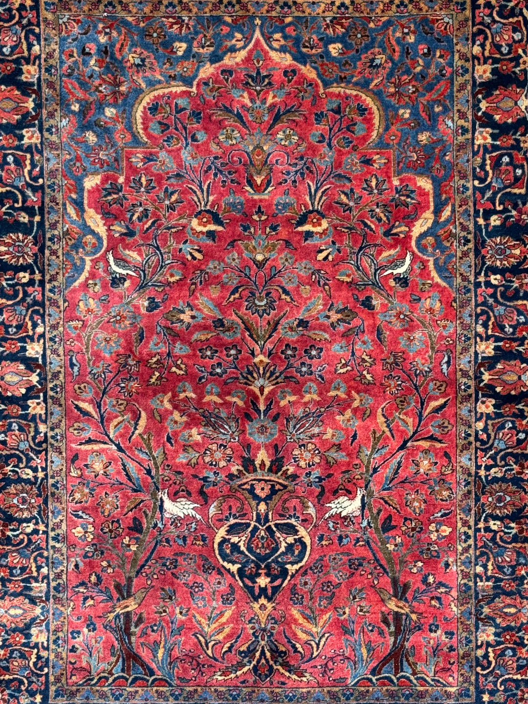 Red &amp; Navy Vintage Manchester Kashan Floral Rug – Circa 1940 – 4’3” x 5’3”
