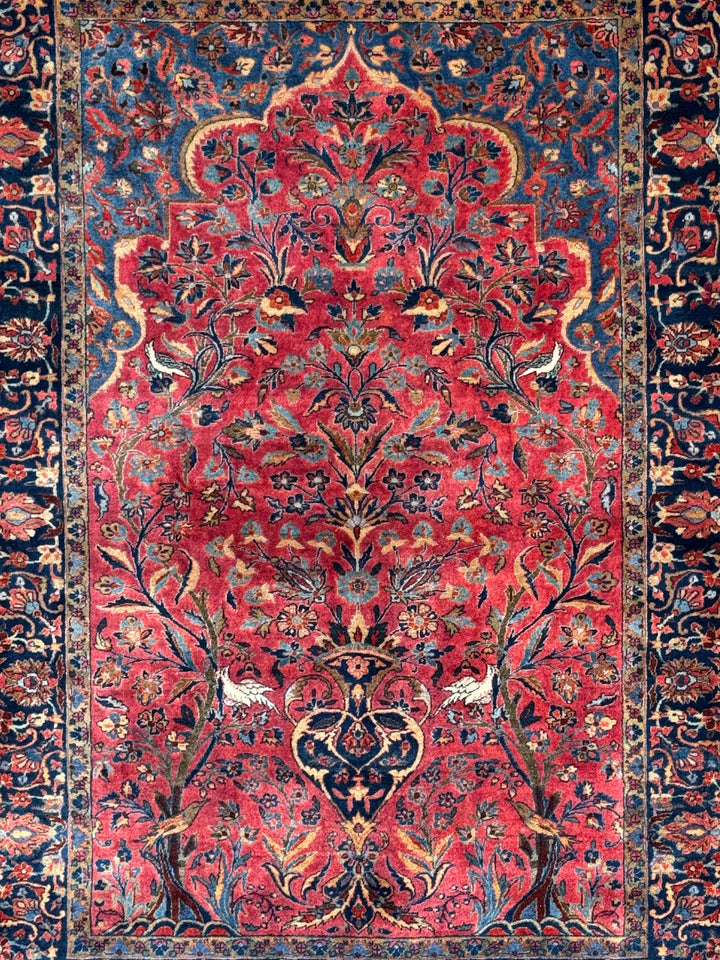 Red &amp; Navy Vintage Manchester Kashan Floral Rug – Circa 1940 – 4’3” x 5’3”