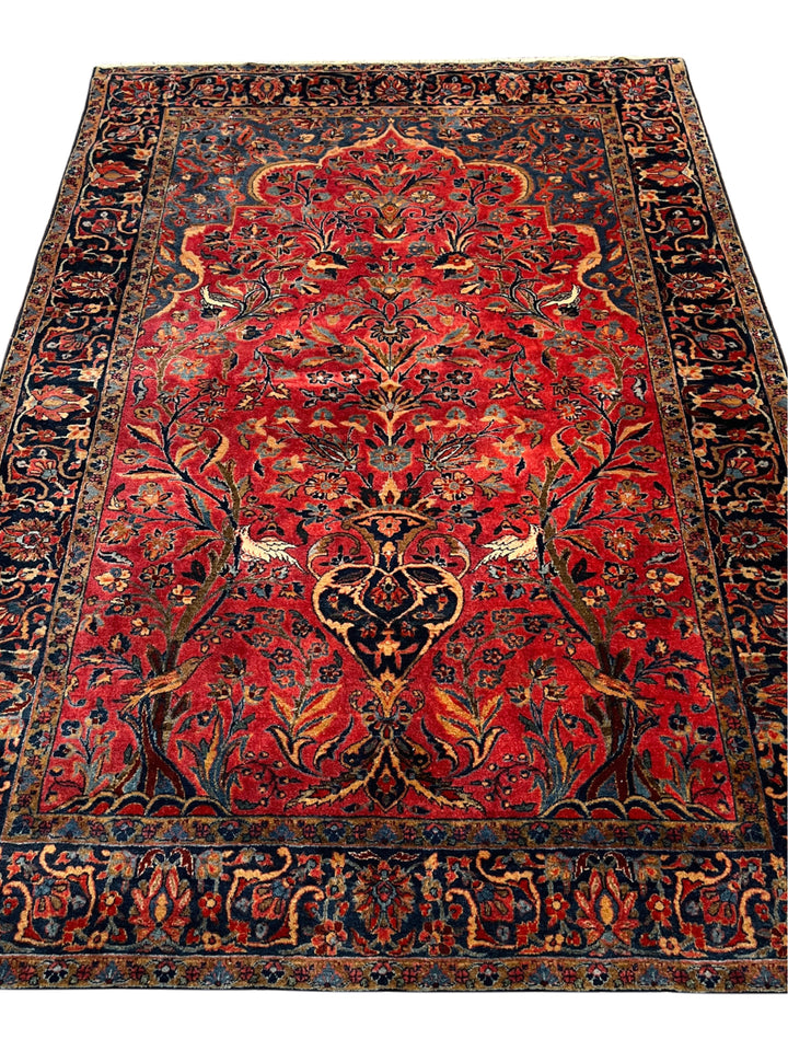 Red &amp; Navy Vintage Manchester Kashan Floral Rug – Circa 1940 – 4’3” x 5’3”