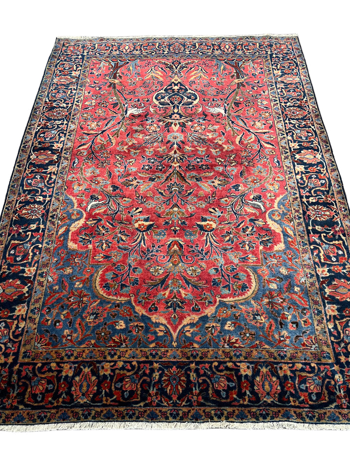 Red &amp; Navy Vintage Manchester Kashan Floral Rug – Circa 1940 – 4’3” x 5’3”