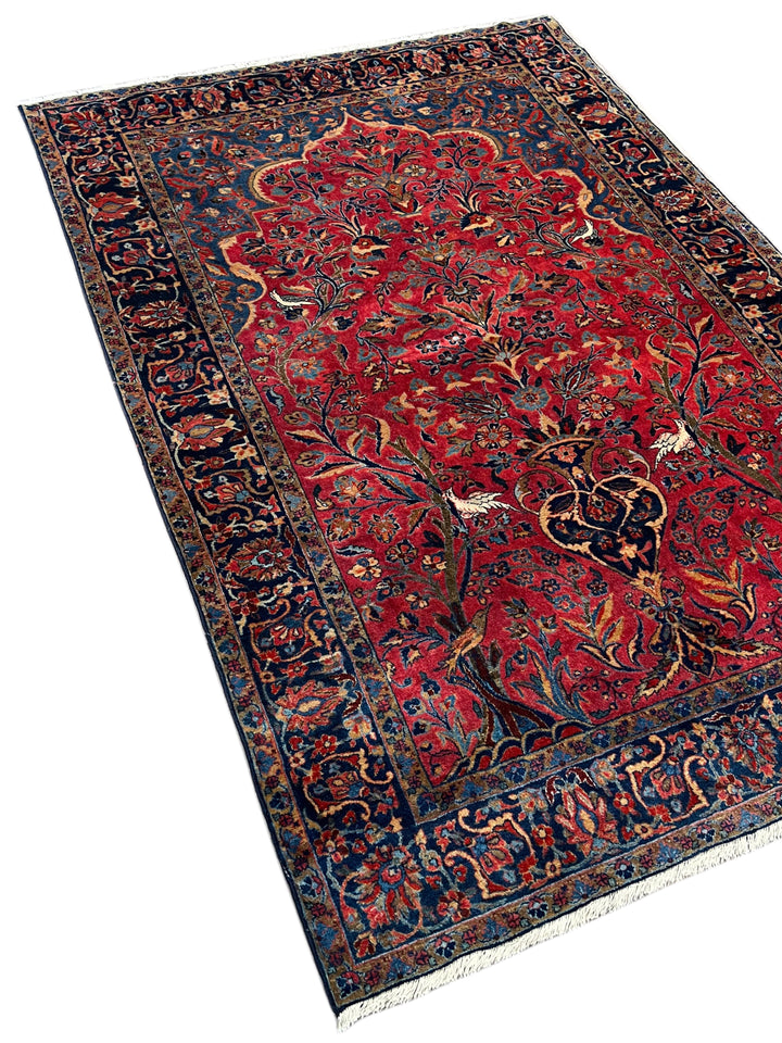 Red &amp; Navy Vintage Manchester Kashan Floral Rug – Circa 1940 – 4’3” x 5’3”
