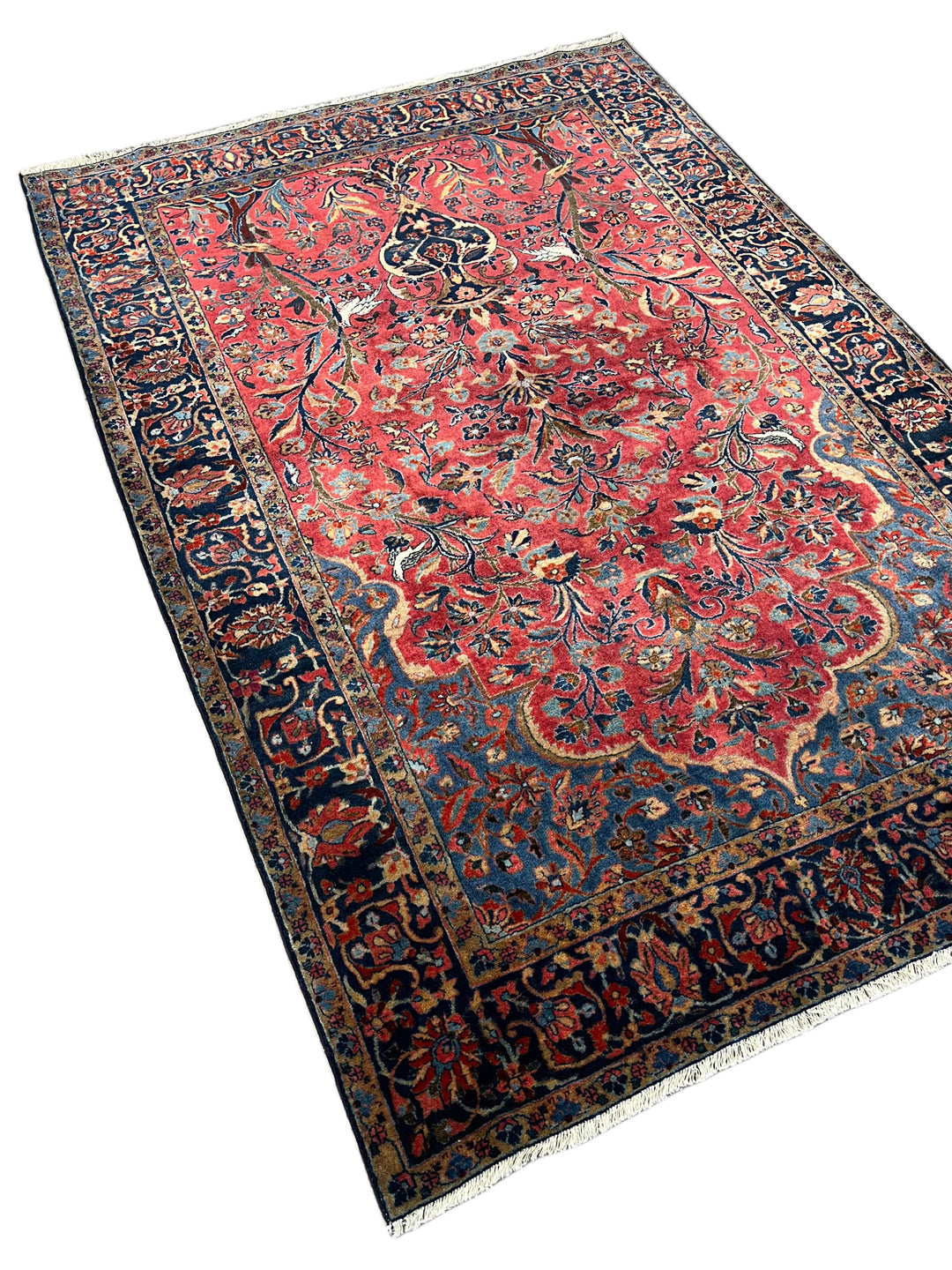 Red &amp; Navy Vintage Manchester Kashan Floral Rug – Circa 1940 – 4’3” x 5’3”
