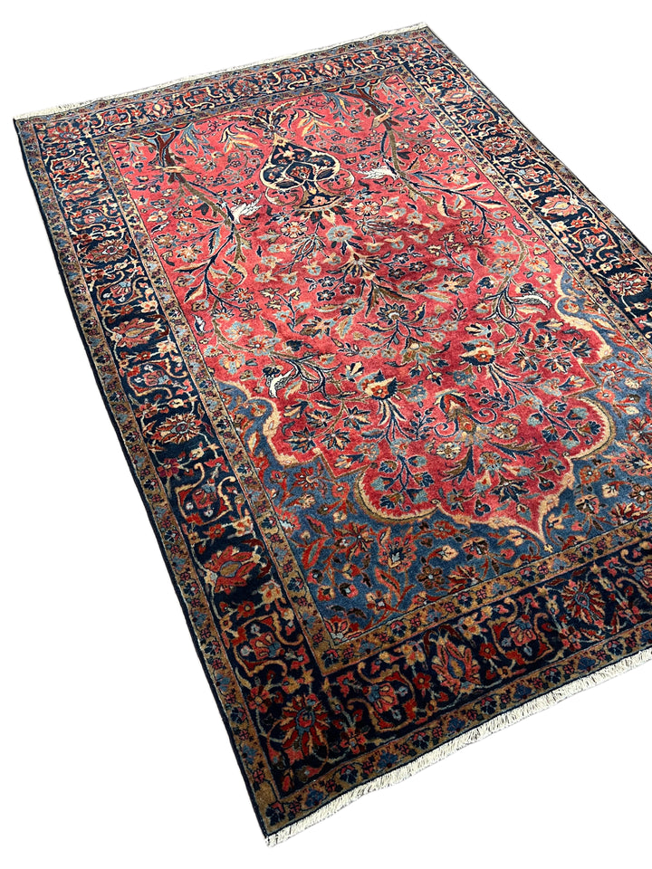 Red &amp; Navy Vintage Manchester Kashan Floral Rug – Circa 1940 – 4’3” x 5’3”
