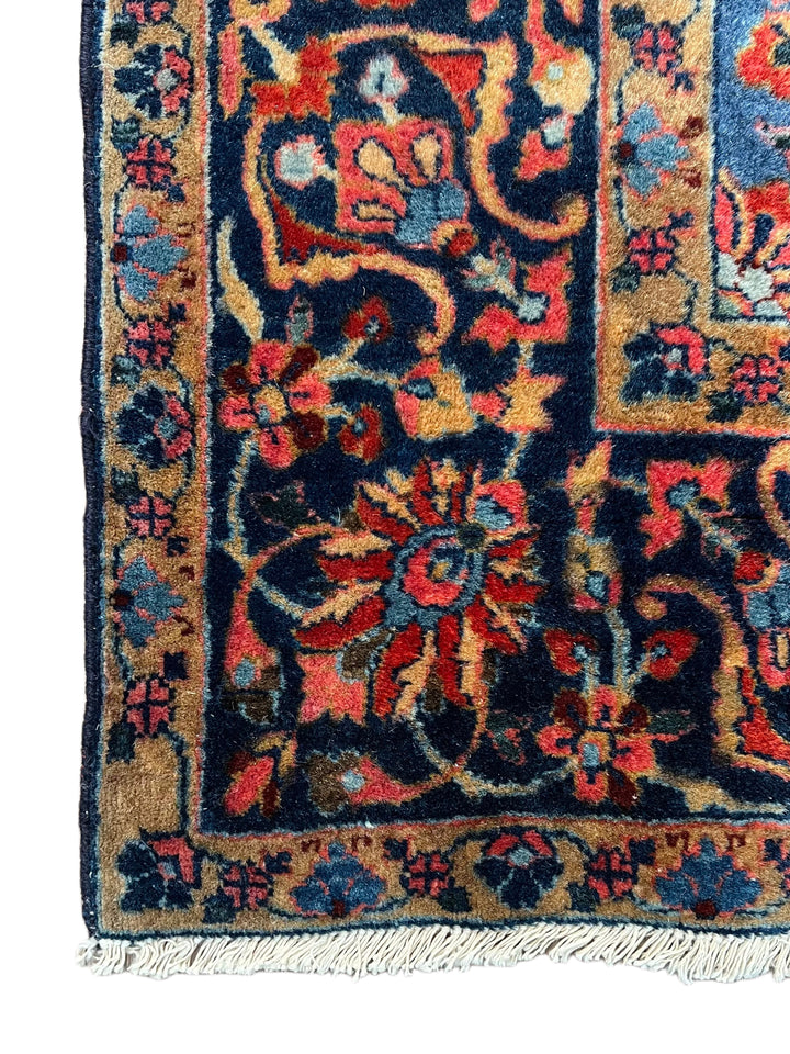 Red &amp; Navy Vintage Manchester Kashan Floral Rug – Circa 1940 – 4’3” x 5’3”