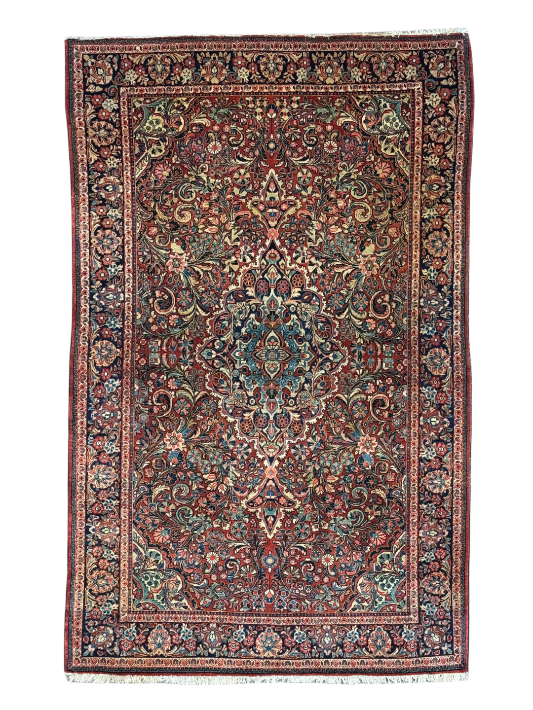 Brick Red &amp; Navy Antique Sarouk Medallion Rug – Circa 1930 – 4’2” x 6’7”
