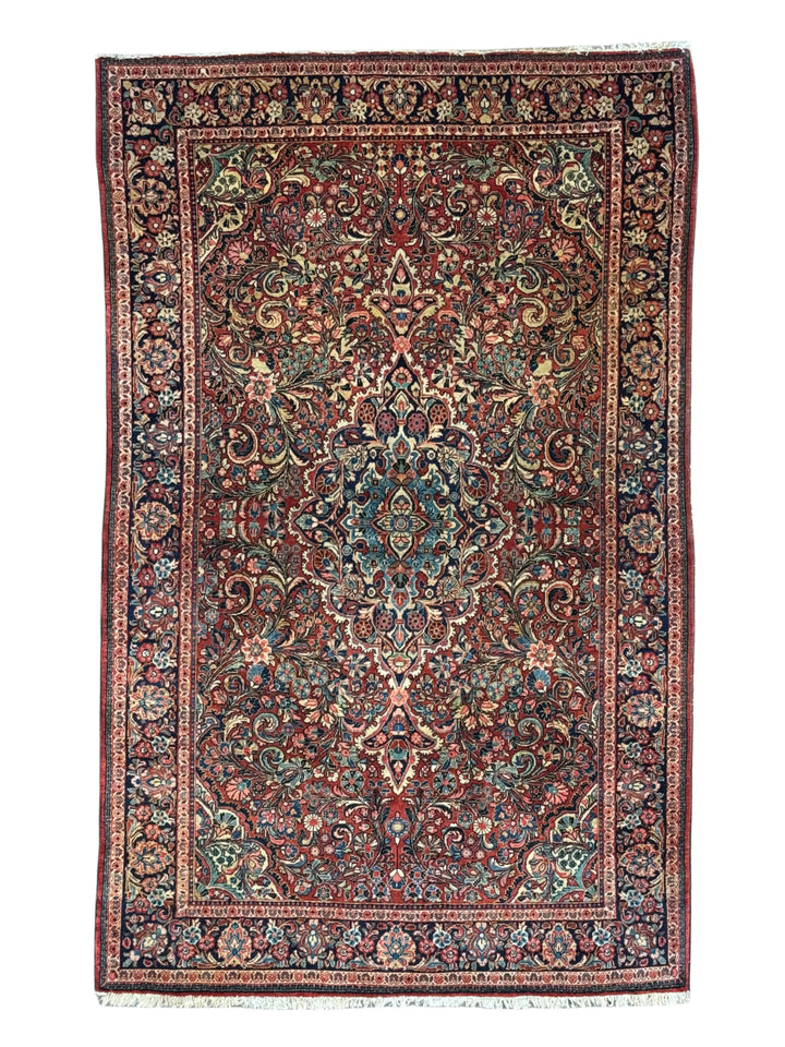 Brick Red &amp; Navy Antique Sarouk Medallion Rug – Circa 1930 – 4’2” x 6’7”