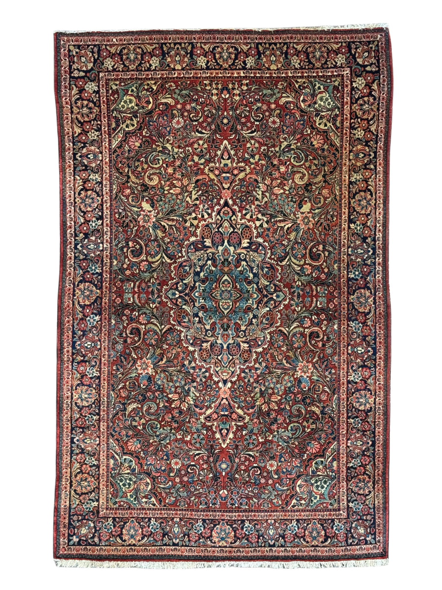 Brick Red & Navy Antique Sarouk Medallion Rug – Circa 1930 – 4’2” x 6’7”