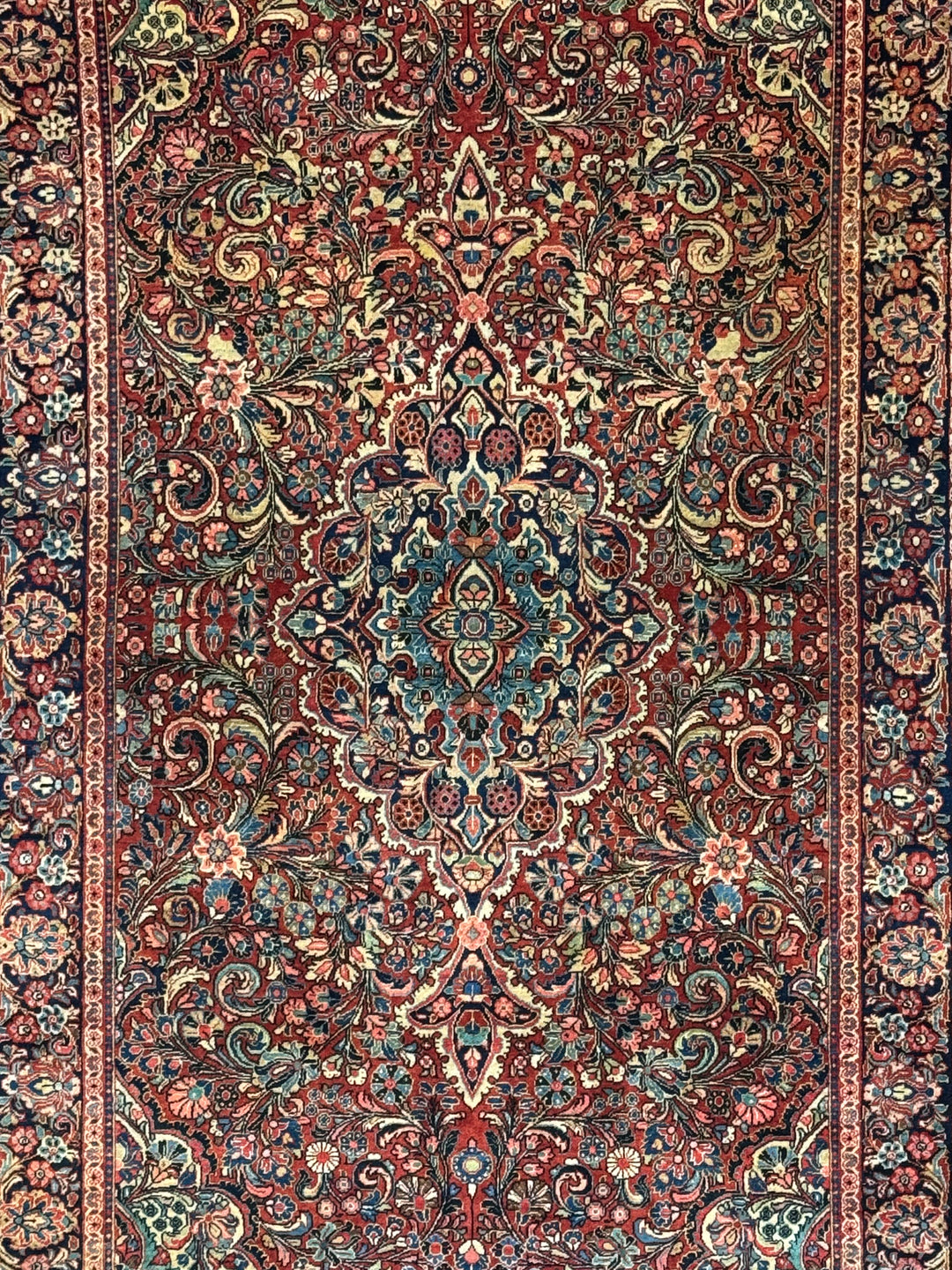 Brick Red &amp; Navy Antique Sarouk Medallion Rug – Circa 1930 – 4’2” x 6’7”
