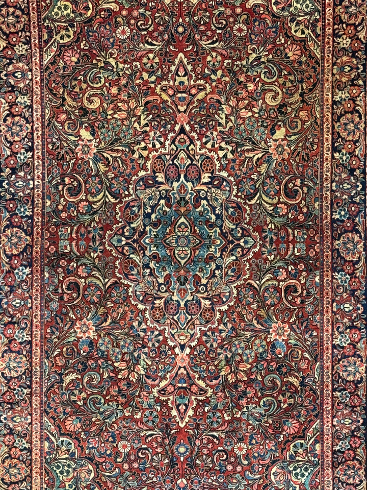 Brick Red &amp; Navy Antique Sarouk Medallion Rug – Circa 1930 – 4’2” x 6’7”