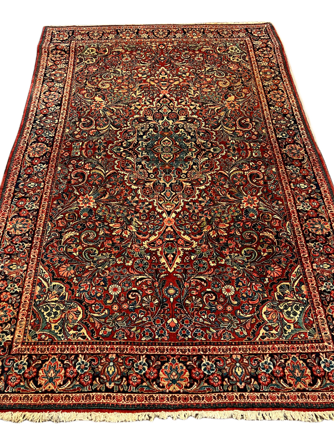 Brick Red &amp; Navy Antique Sarouk Medallion Rug – Circa 1930 – 4’2” x 6’7”