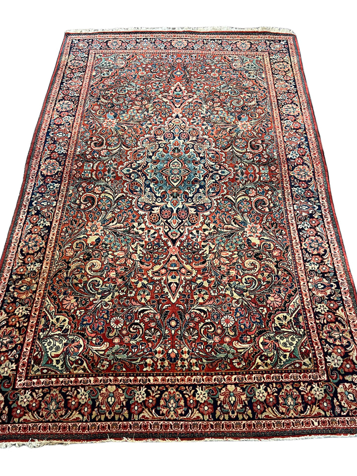 Brick Red &amp; Navy Antique Sarouk Medallion Rug – Circa 1930 – 4’2” x 6’7”