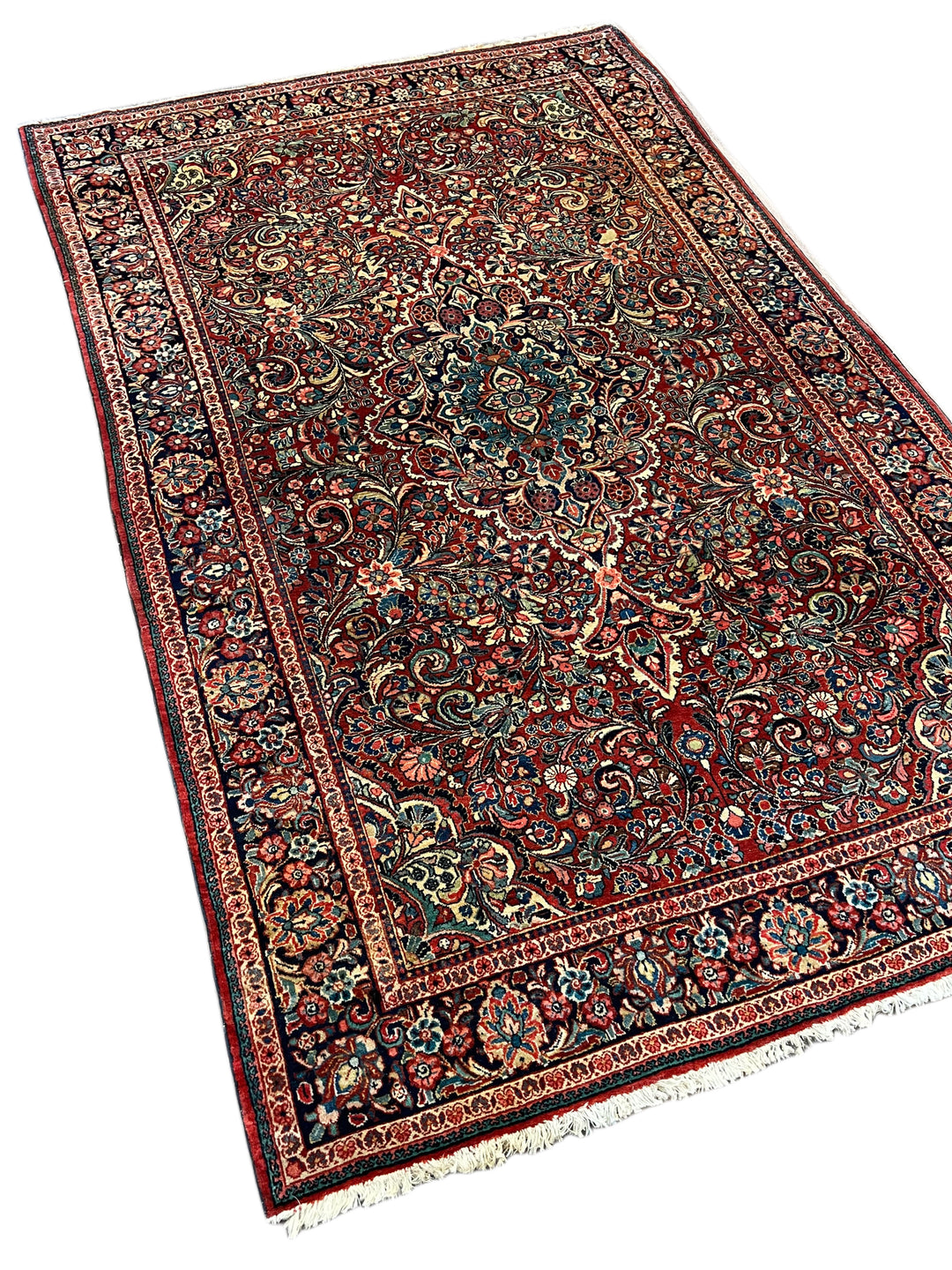 Brick Red &amp; Navy Antique Sarouk Medallion Rug – Circa 1930 – 4’2” x 6’7”