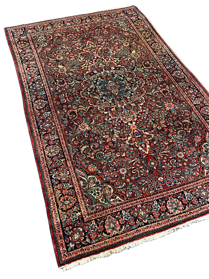 Brick Red &amp; Navy Antique Sarouk Medallion Rug – Circa 1930 – 4’2” x 6’7”