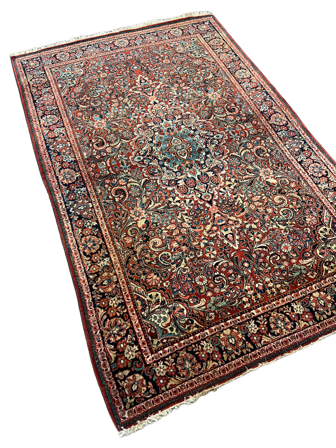 Brick Red &amp; Navy Antique Sarouk Medallion Rug – Circa 1930 – 4’2” x 6’7”