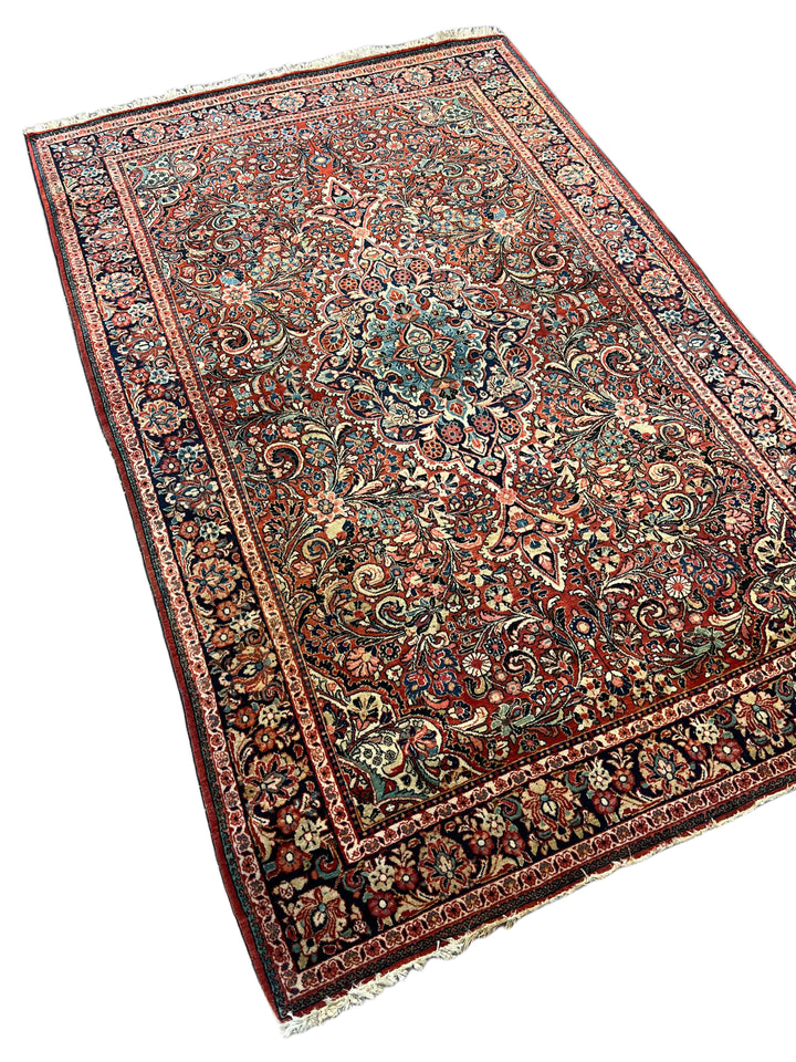 Brick Red &amp; Navy Antique Sarouk Medallion Rug – Circa 1930 – 4’2” x 6’7”