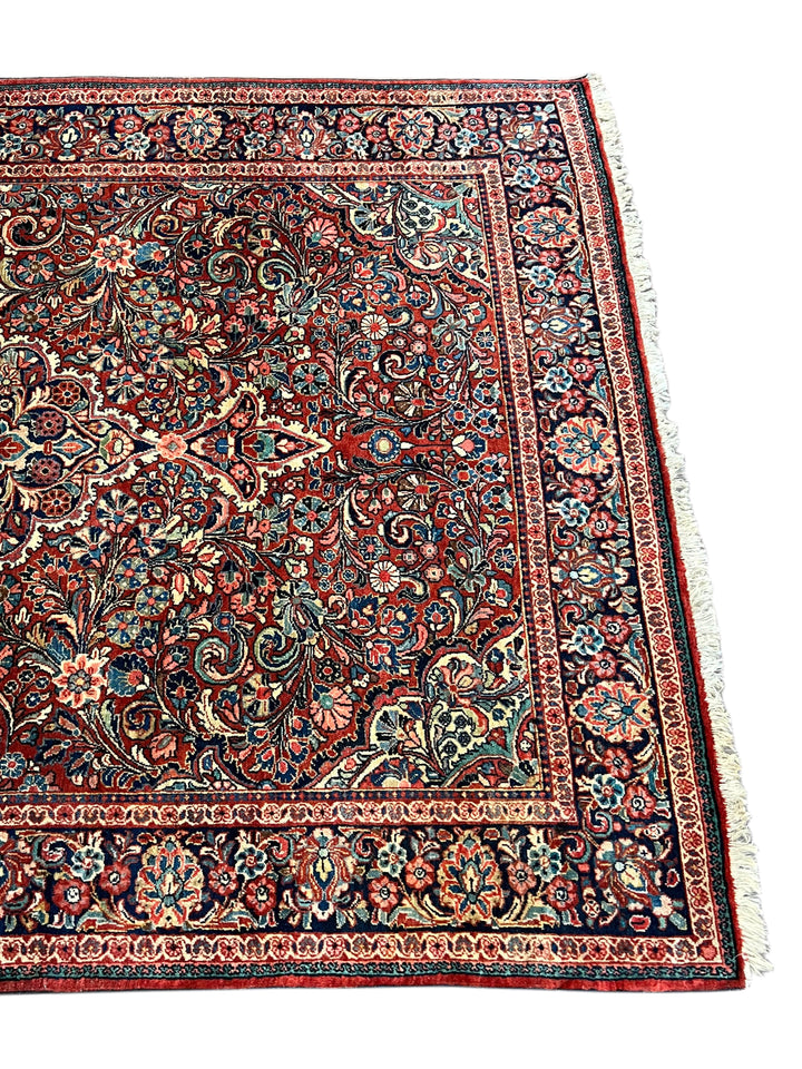 Brick Red &amp; Navy Antique Sarouk Medallion Rug – Circa 1930 – 4’2” x 6’7”