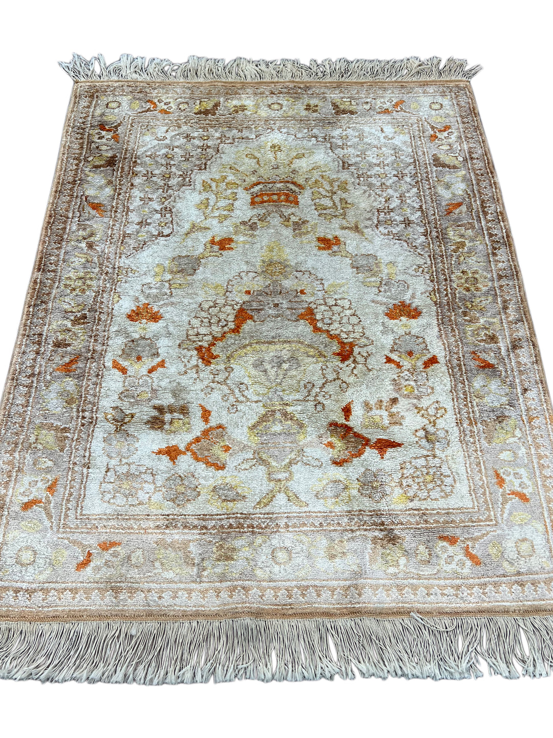 Ivory &amp; Silver Turkish Silk Floral Rug – 2’5” x 3’1”