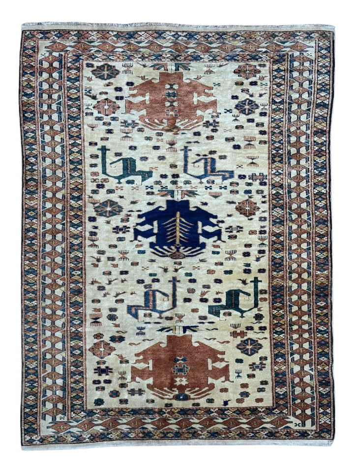 Ivory, Rust &amp; Navy Armenian Caucasian Rug – 4’11” x 6’7”