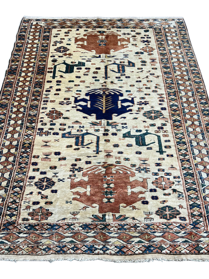 Ivory, Rust &amp; Navy Armenian Caucasian Rug – 4’11” x 6’7”