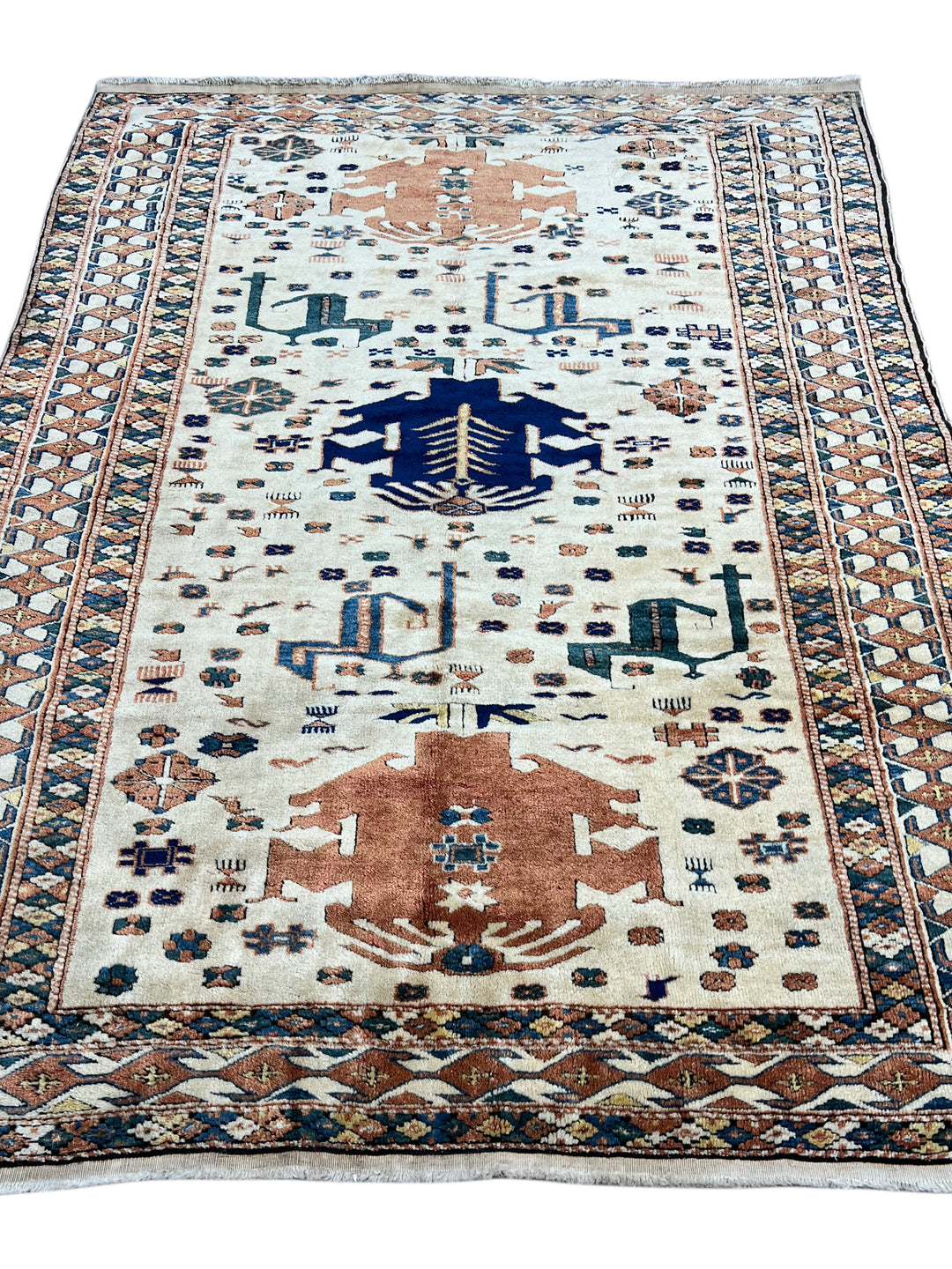 Ivory, Rust &amp; Navy Armenian Caucasian Rug – 4’11” x 6’7”