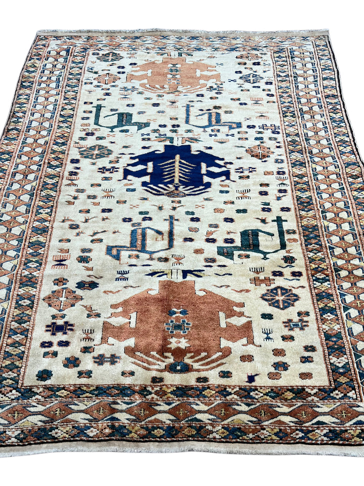 Ivory, Rust &amp; Navy Armenian Caucasian Rug – 4’11” x 6’7”