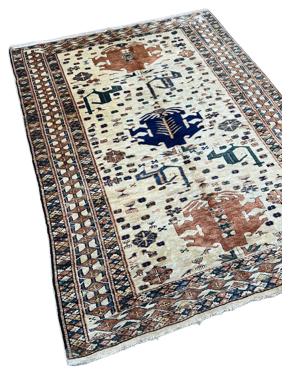 Ivory, Rust &amp; Navy Armenian Caucasian Rug – 4’11” x 6’7”