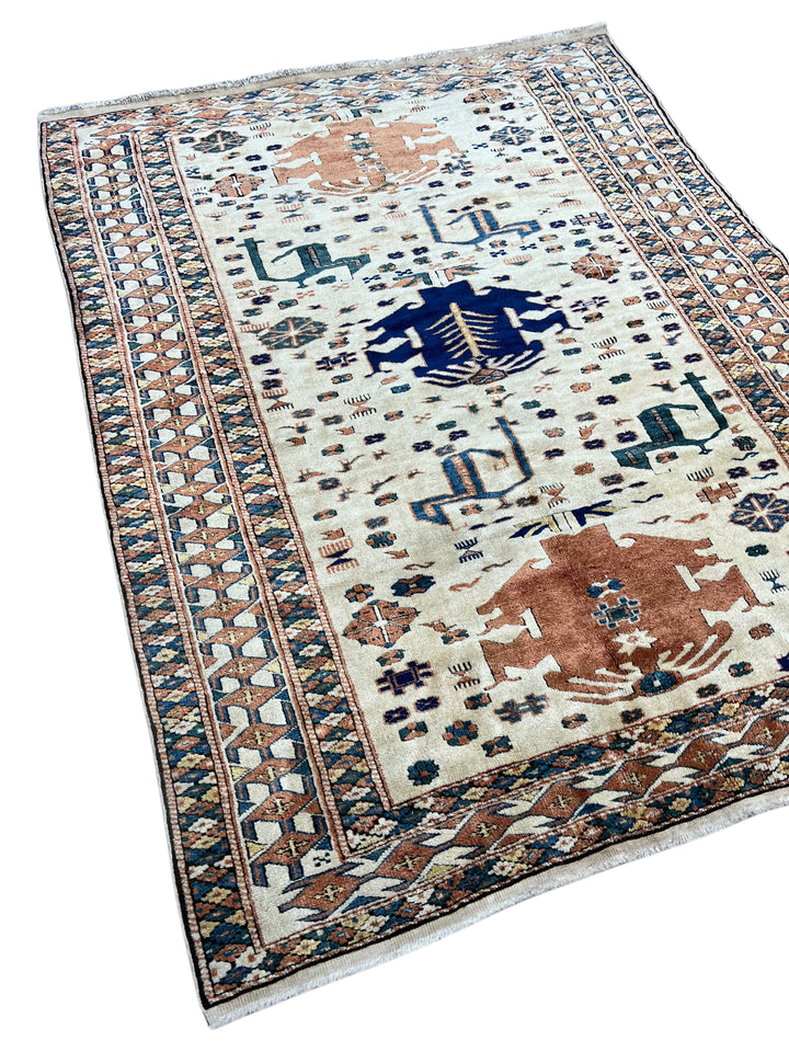 Ivory, Rust &amp; Navy Armenian Caucasian Rug – 4’11” x 6’7”