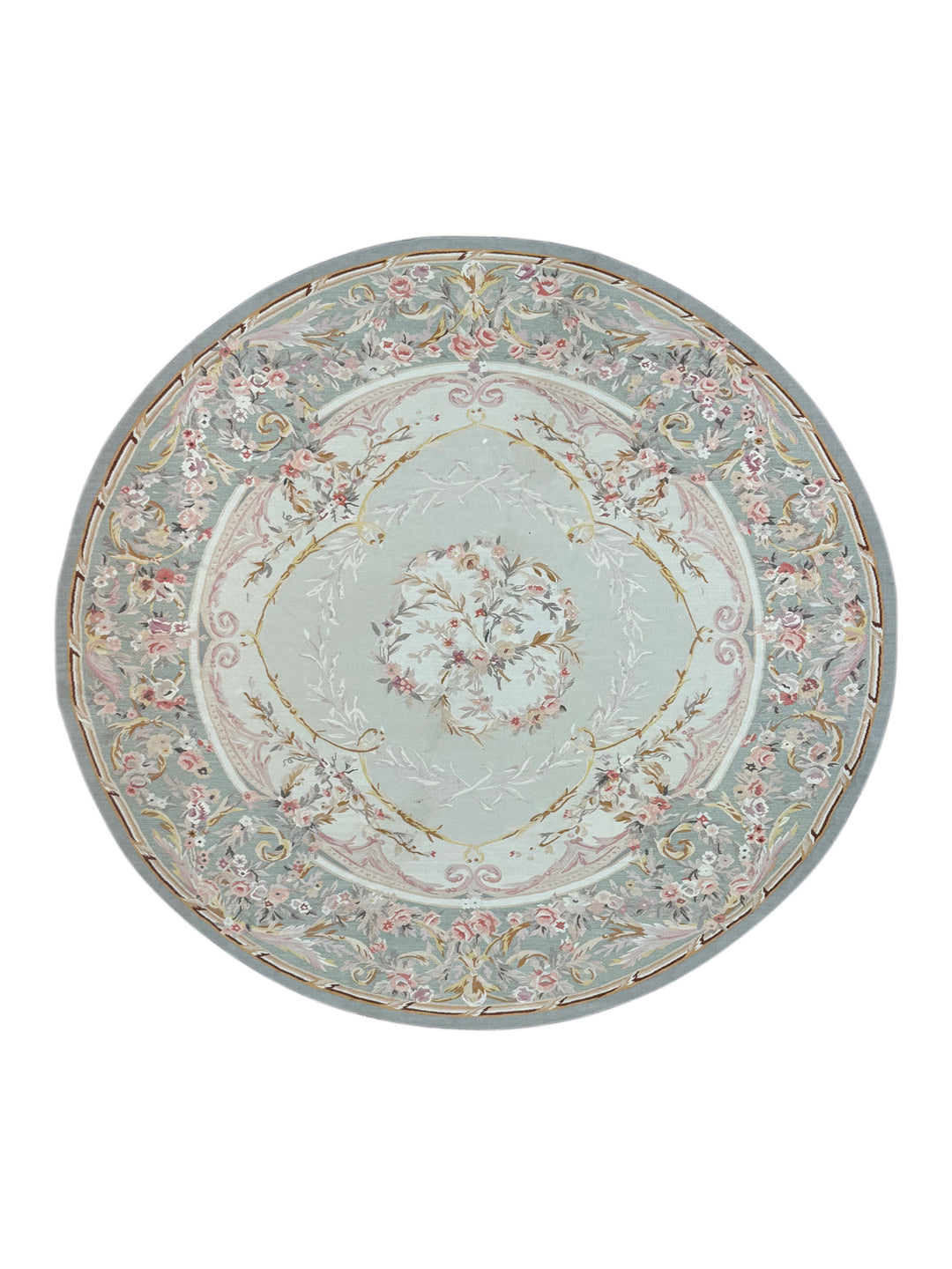 Soft Blue &amp; Blush Floral Aubusson Round Rug – 6’10” x 7’2”