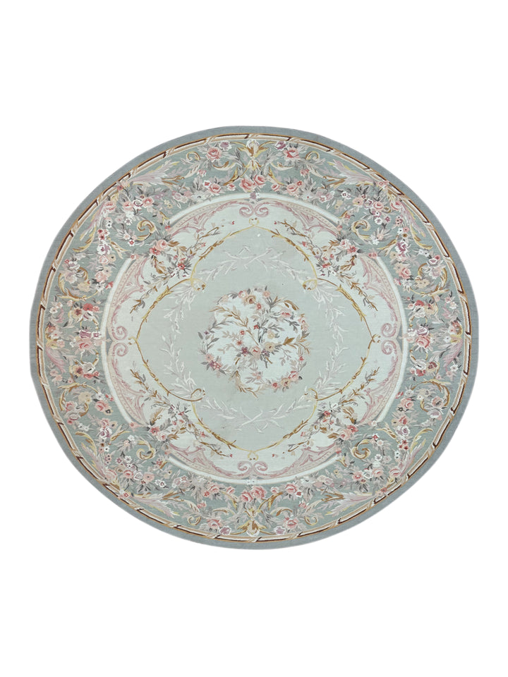 Soft Blue &amp; Blush Floral Aubusson Round Rug – 6’10” x 7’2”