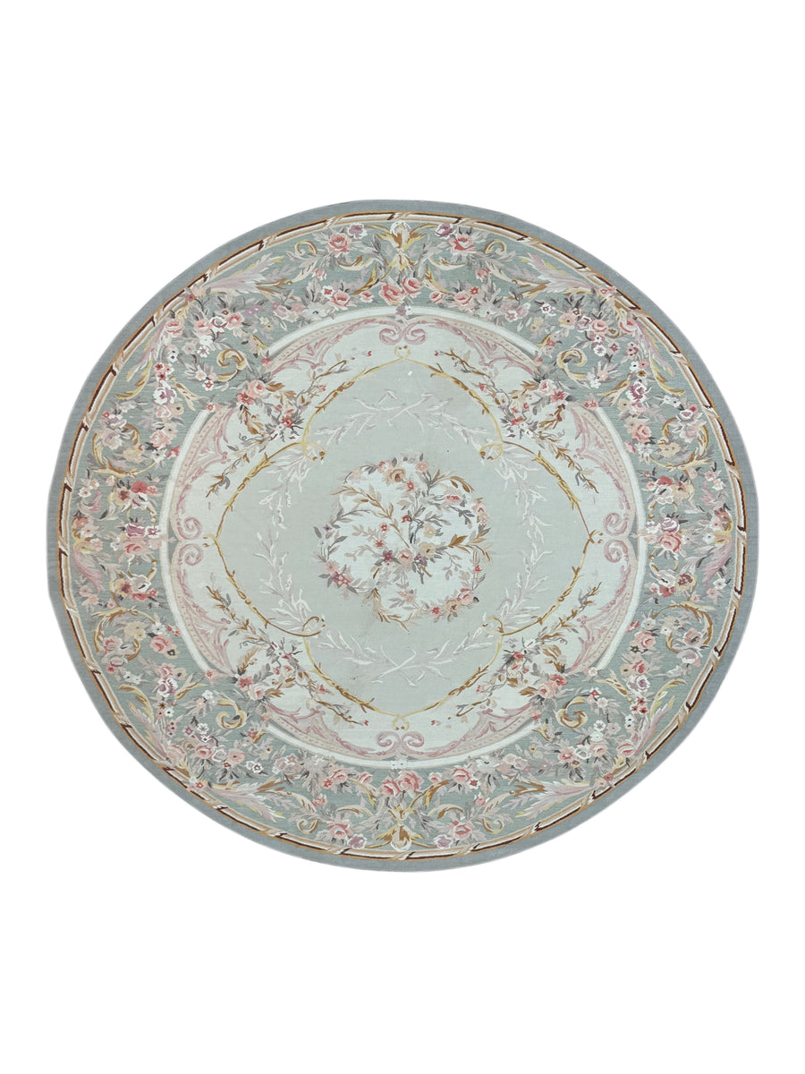 Soft Blue & Blush Floral Aubusson Round Rug – 6’10” x 7’2”