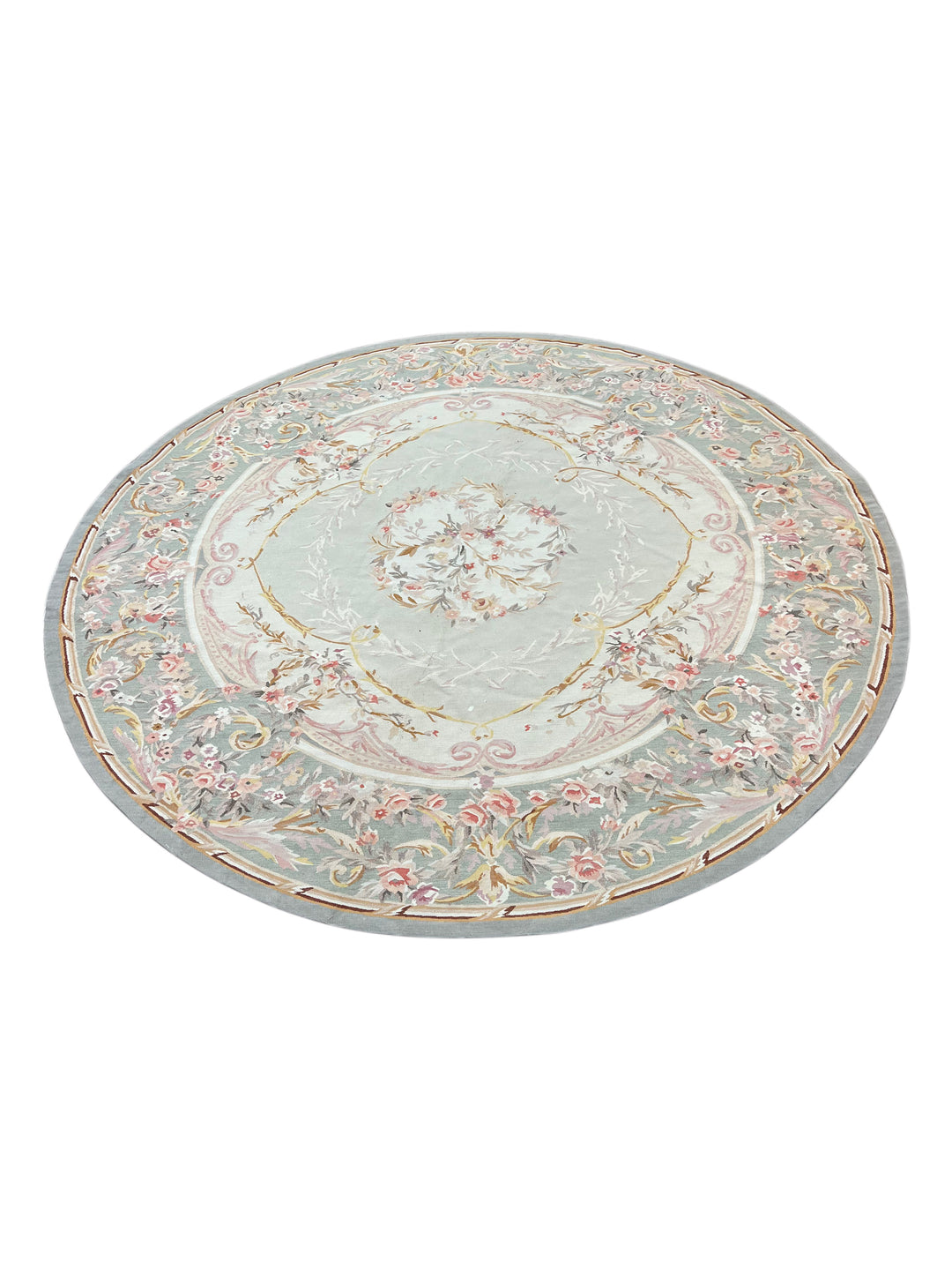 Soft Blue &amp; Blush Floral Aubusson Round Rug – 6’10” x 7’2”