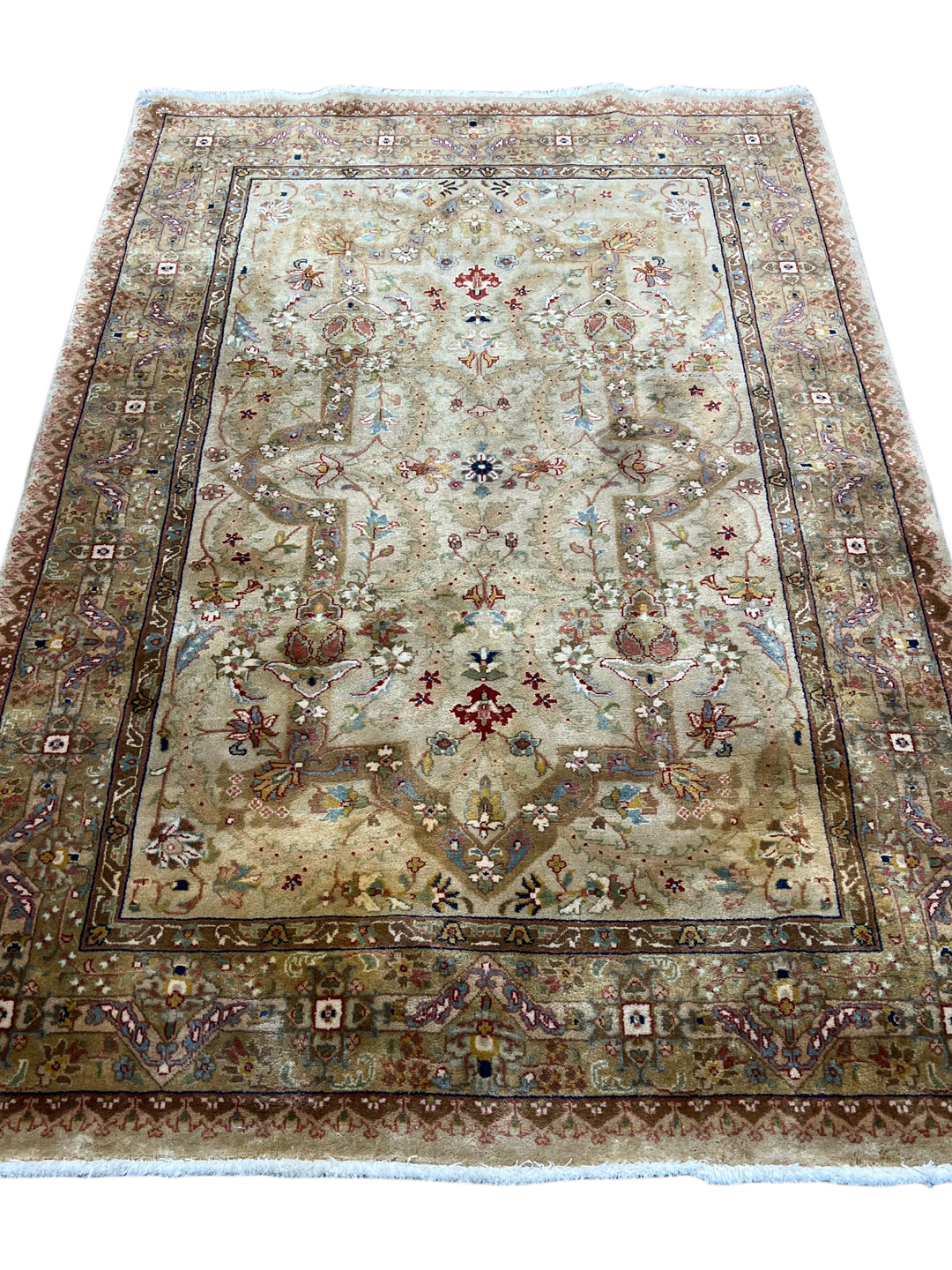 Olive Green &amp; Beige Floral Indian Tabriz Rug – 4’1” x 5’11”
