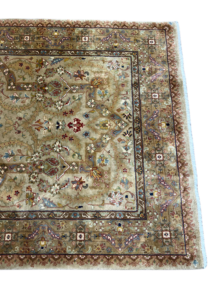 Olive Green &amp; Beige Floral Indian Tabriz Rug – 4’1” x 5’11”