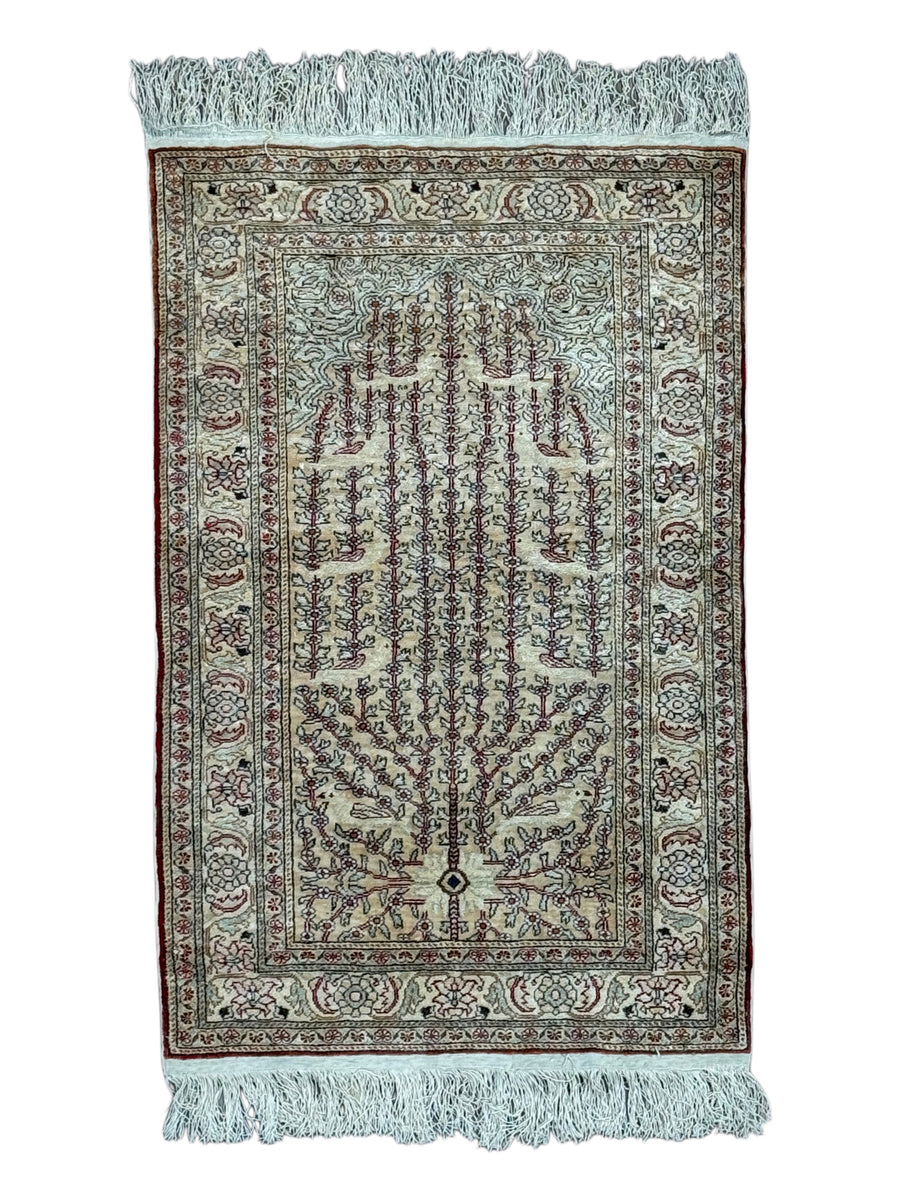 Ivory & Red Tree of Life Turkish Silk Rug – 2’3” x 3’5”