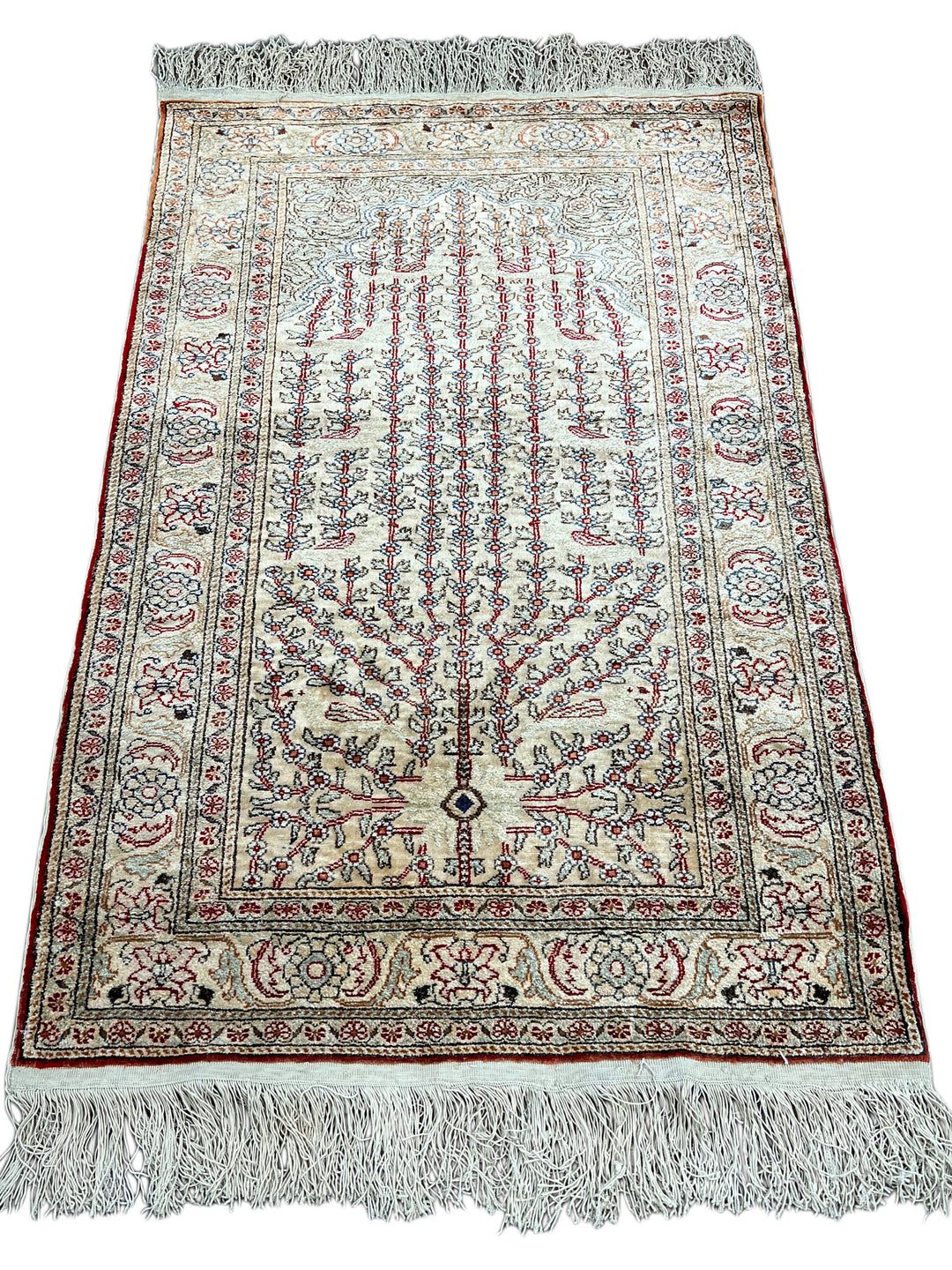 Ivory &amp; Red Tree of Life Turkish Silk Rug – 2’3” x 3’5”