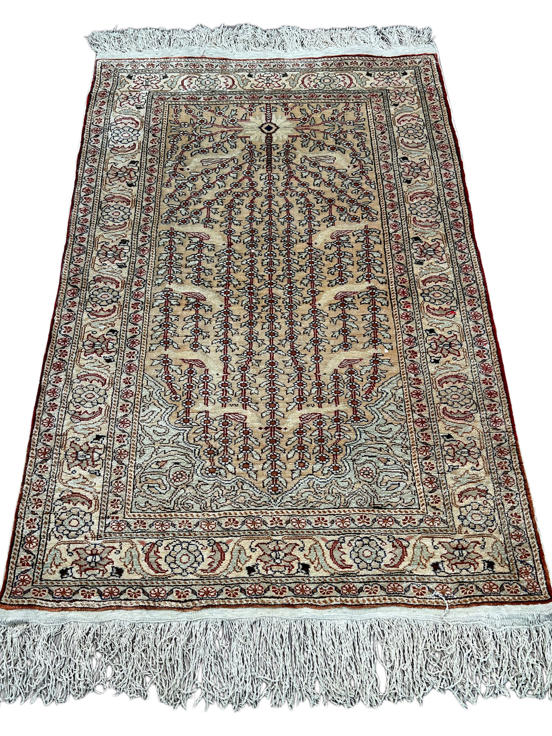Ivory &amp; Red Tree of Life Turkish Silk Rug – 2’3” x 3’5”