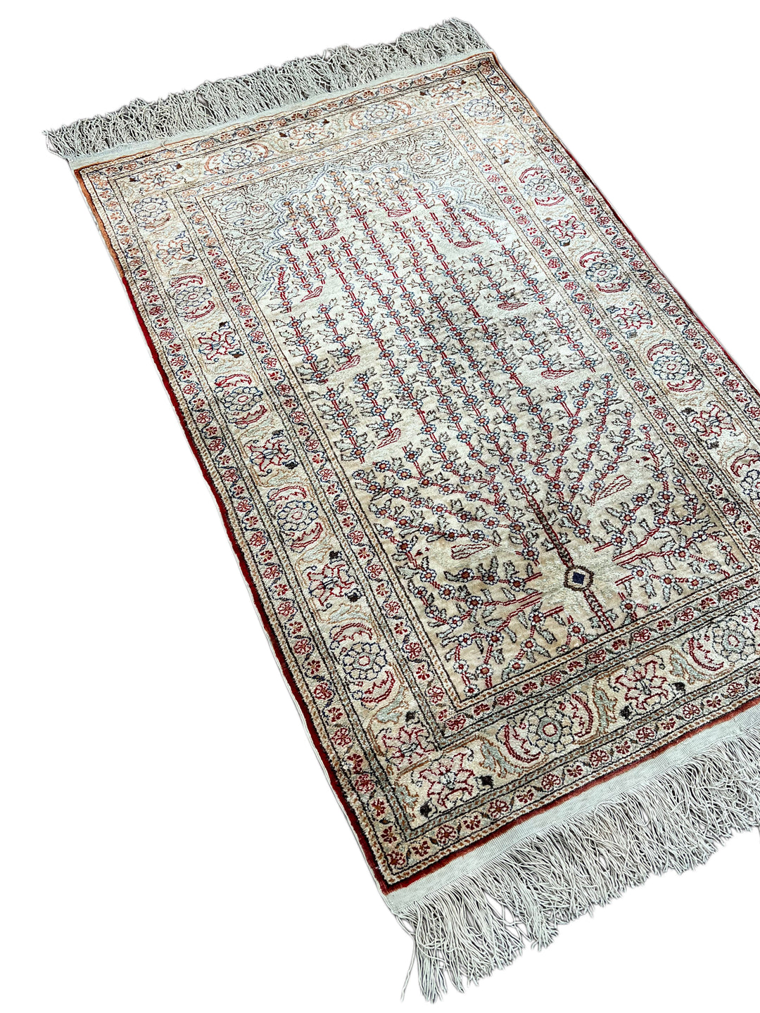 Ivory &amp; Red Tree of Life Turkish Silk Rug – 2’3” x 3’5”
