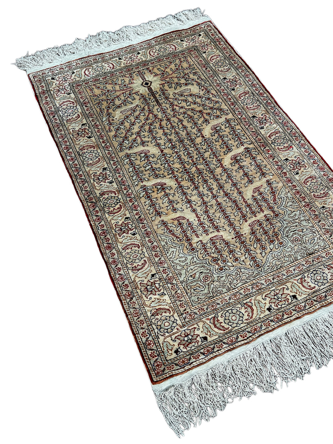 Ivory &amp; Red Tree of Life Turkish Silk Rug – 2’3” x 3’5”