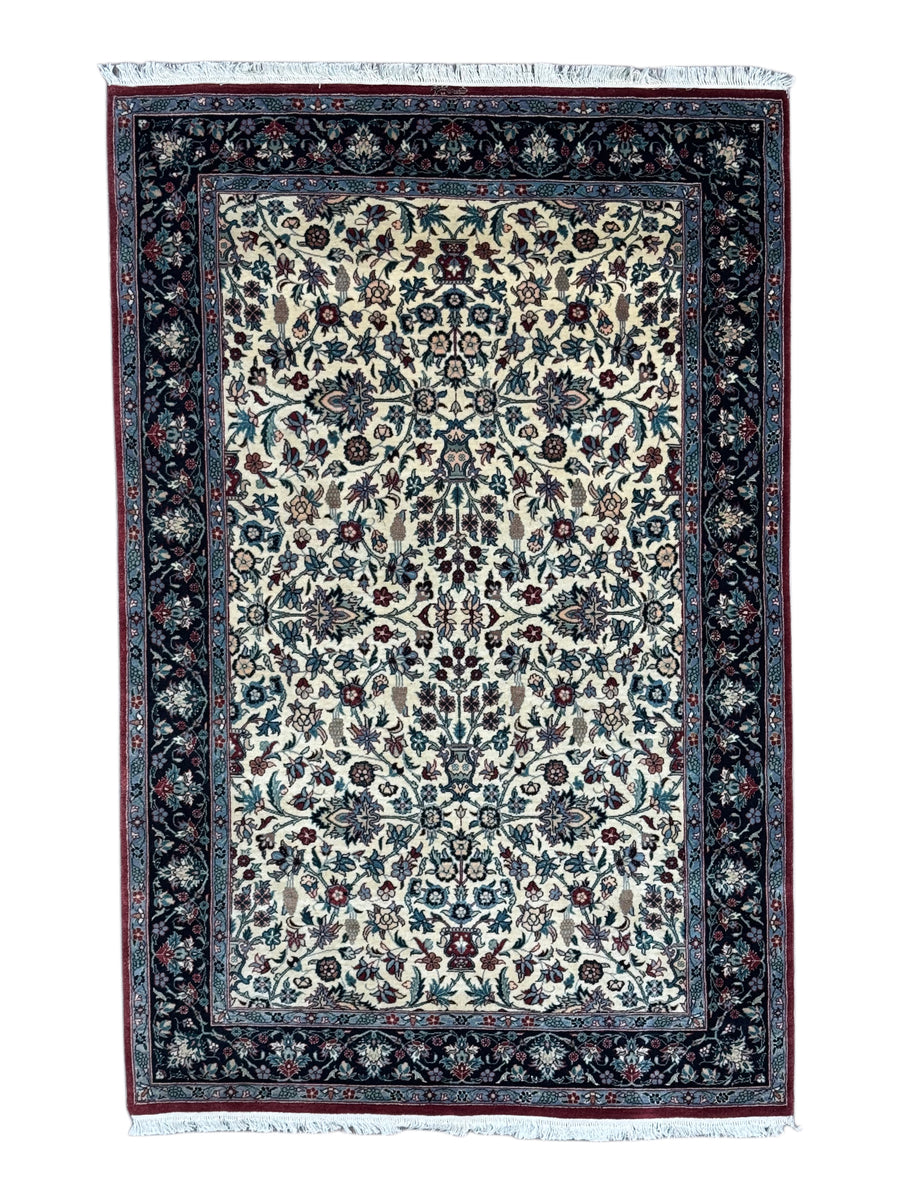 Ivory & Navy Floral Tabriz Style Rug – 4’1” x 6’2”